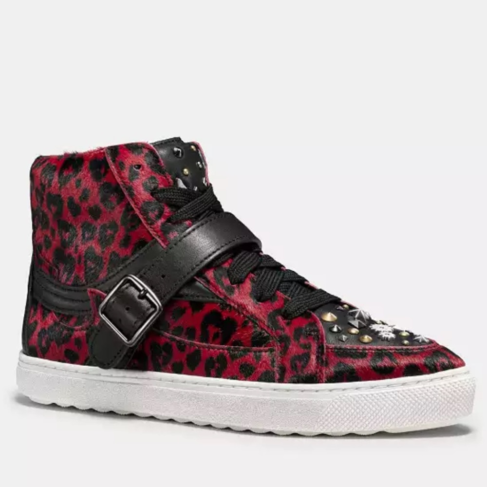 Coach high top sneakers red leopard print w/ studs